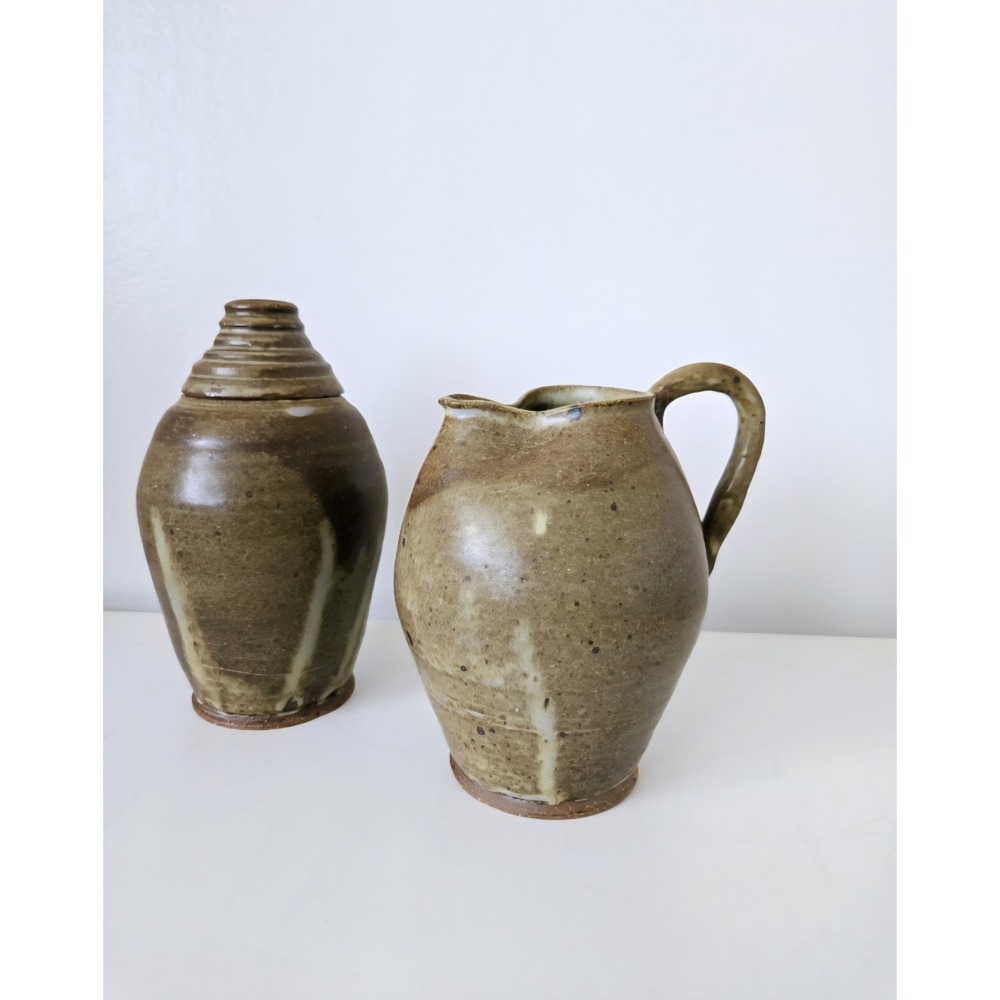 Vintage Studio Brownstone Signed Art Pottery Pitcher & Jar Stoneware